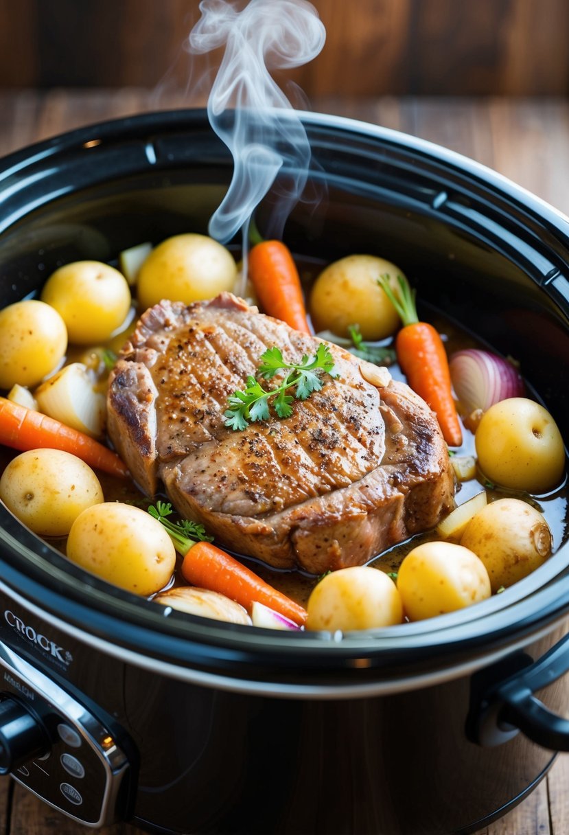 A crock pot filled with seasoned pork steaks surrounded by onions, carrots, and potatoes. Steam rising from the slow cooker