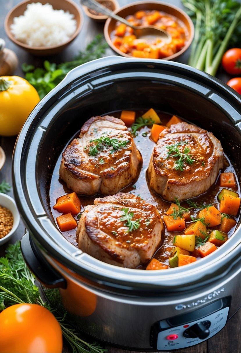 Pork steaks sizzling in a crock pot with a sweet and spicy sauce, surrounded by colorful vegetables and aromatic herbs