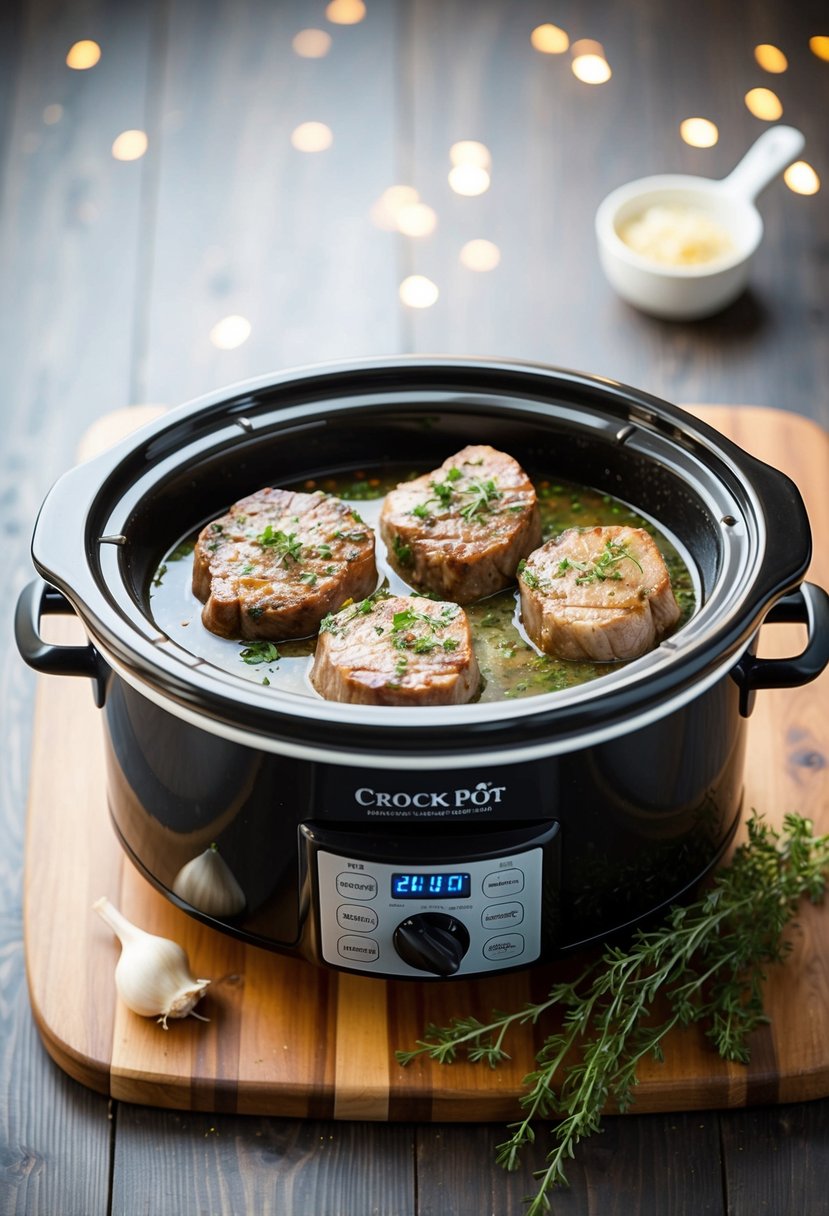 A crock pot simmering with garlic and herb pork steaks