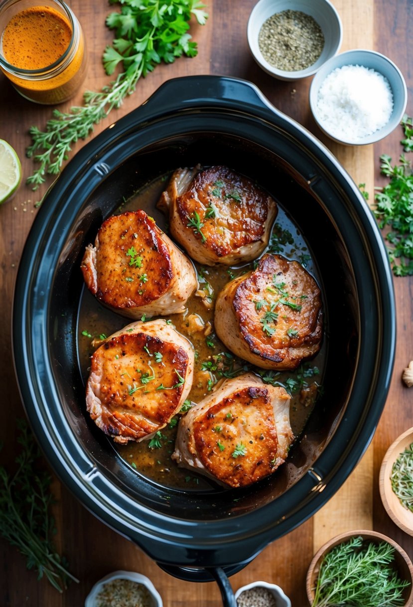 A crock pot filled with sizzling BBQ ranch pork steaks, surrounded by a variety of aromatic herbs and spices