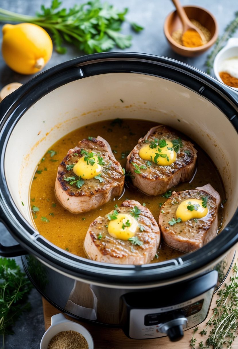 Pork steaks simmer in a crock pot with honey mustard sauce, surrounded by herbs and spices