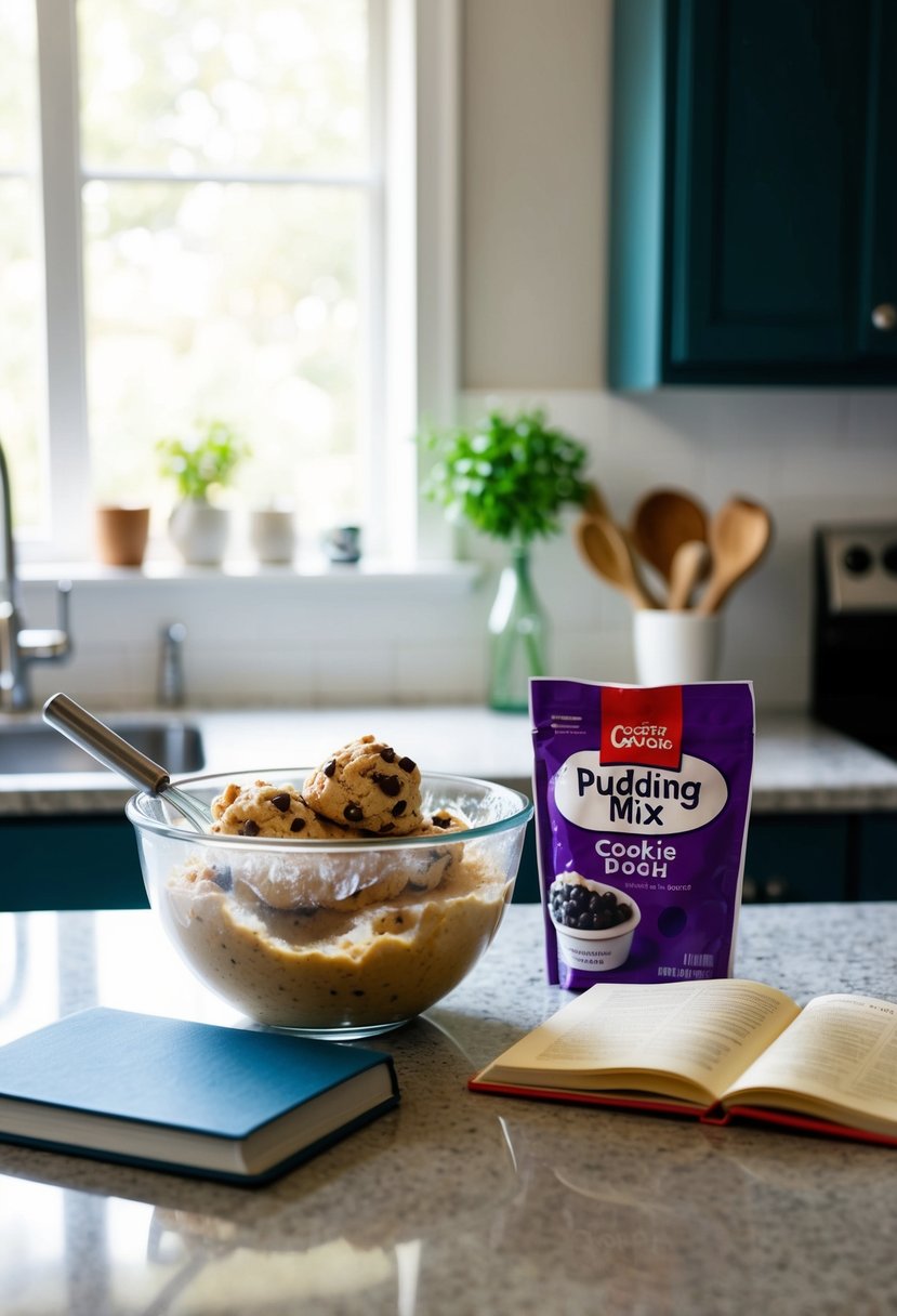 A mixing bowl filled with cookie dough and a packet of pudding mix next to a recipe book on a kitchen counter