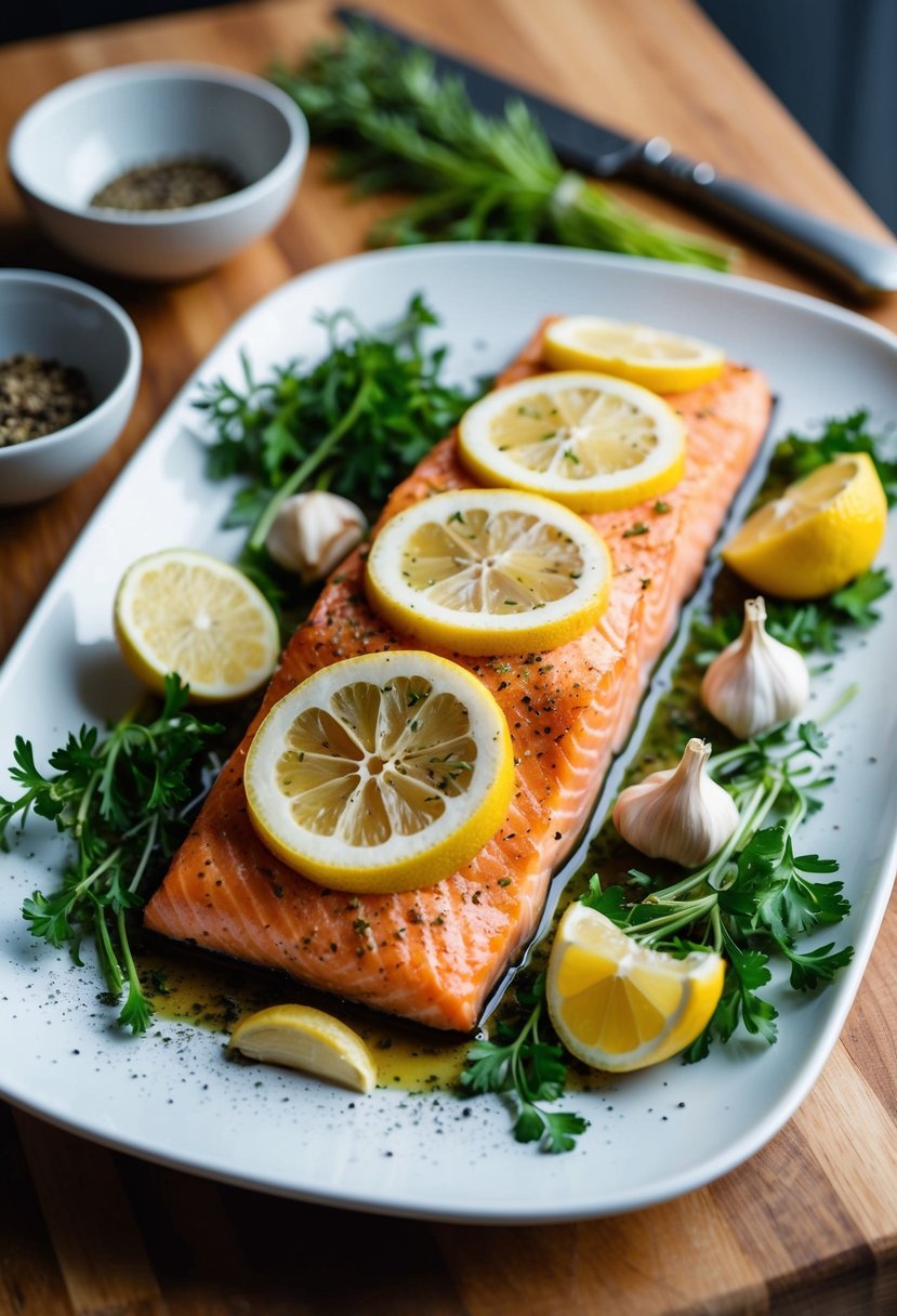 A platter of baked salmon with lemon slices and garlic cloves, surrounded by fresh herbs and a sprinkle of black pepper