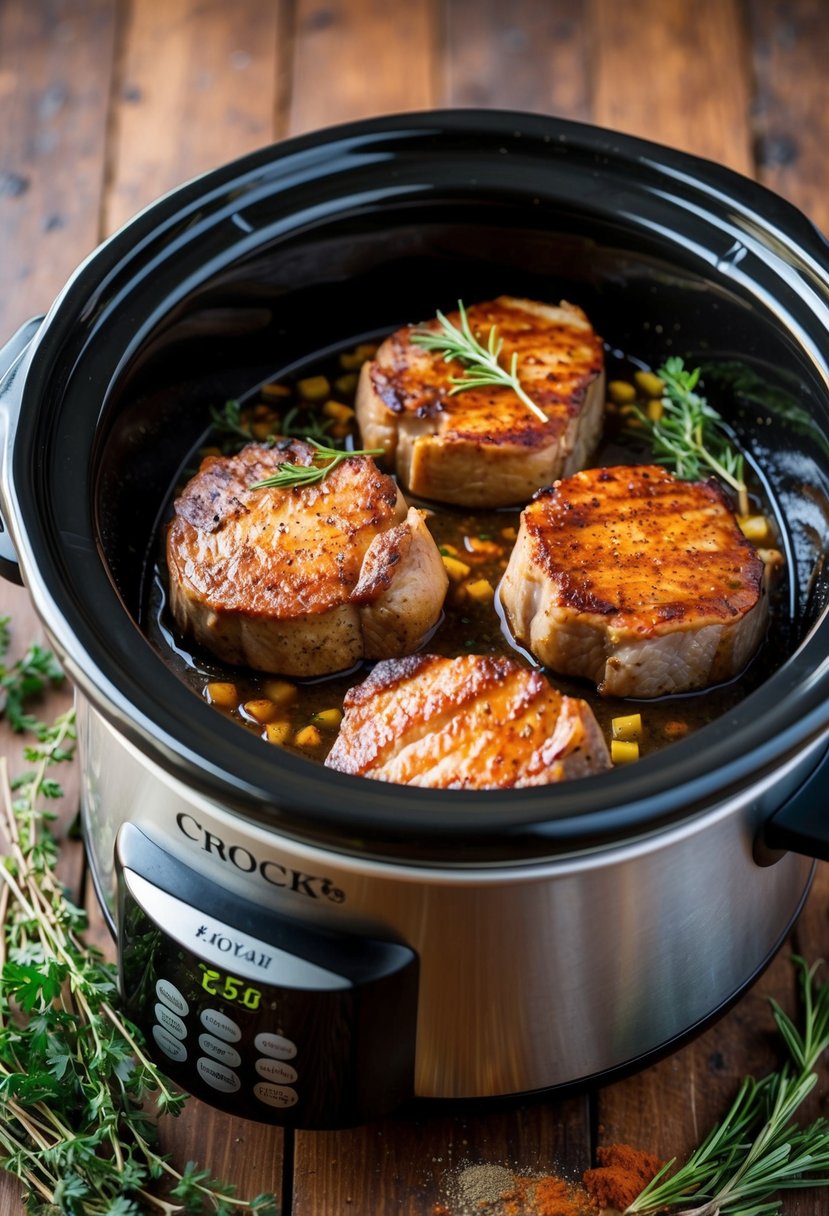 A crock pot filled with sizzling Smoky Applewood Pork Steaks, surrounded by aromatic herbs and spices