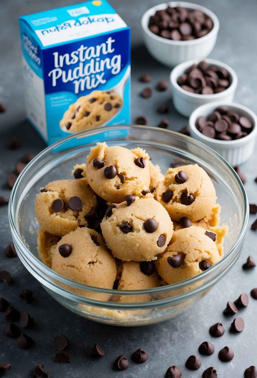 A mixing bowl filled with cookie dough, surrounded by scattered chocolate chips and a box of instant pudding mix