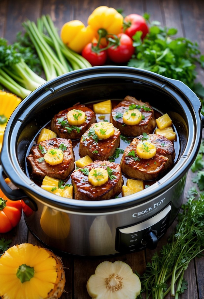 A crock pot filled with juicy teriyaki pineapple pork steaks, surrounded by colorful vegetables and aromatic herbs