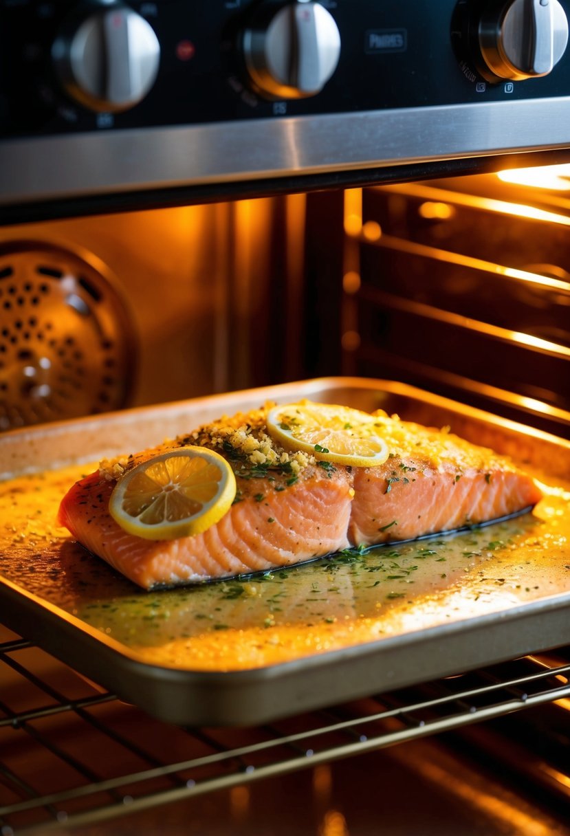 A plump salmon fillet coated in lemon, garlic, and herbs, baking in a golden oven