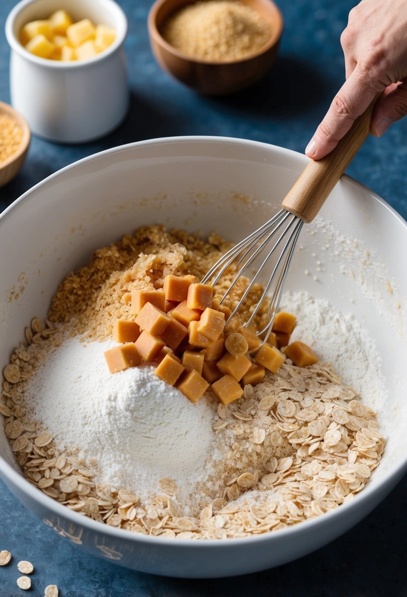 A mixing bowl filled with oats, flour, and butterscotch pudding mix. A hand reaches in to mix the ingredients