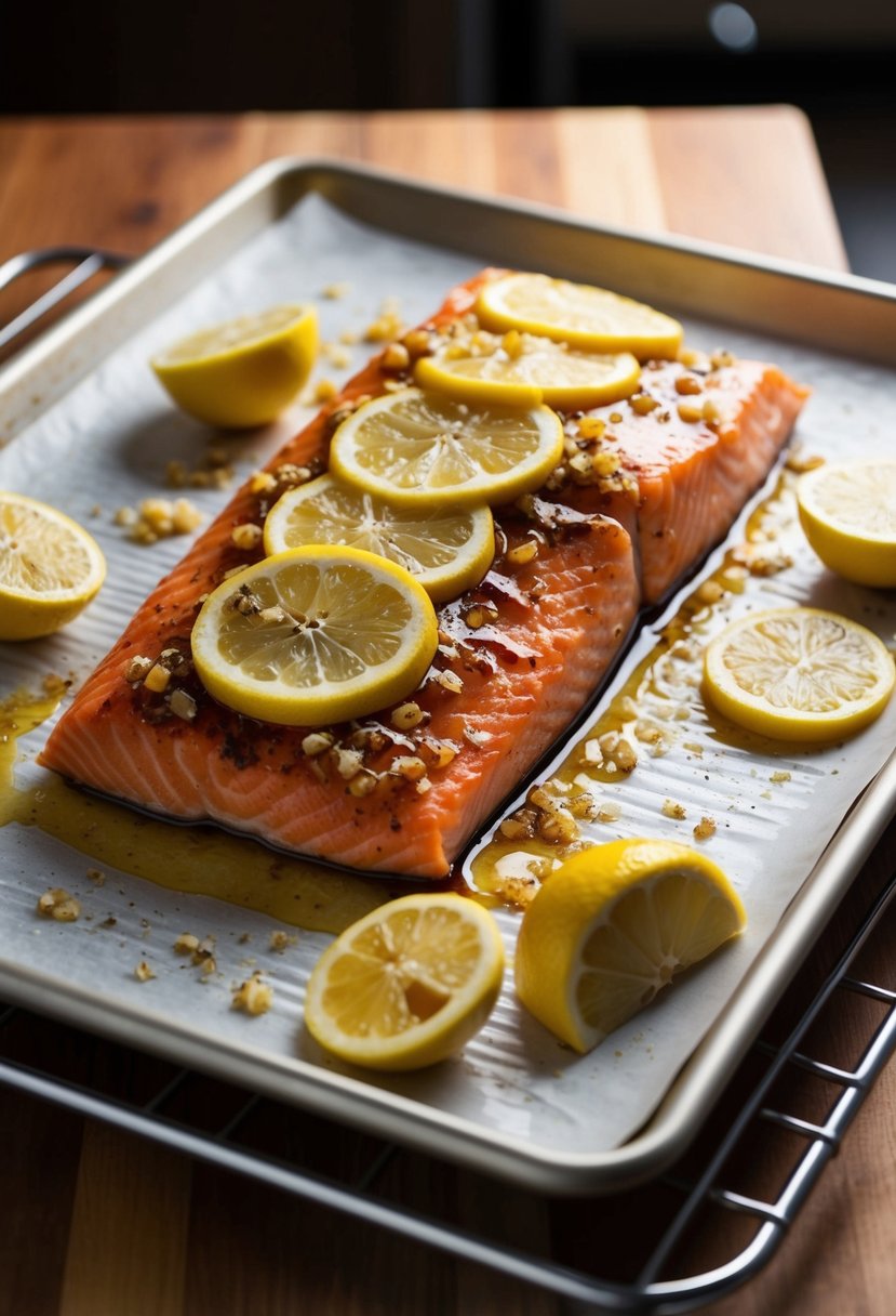 A fillet of salmon covered in honey, lemon, and garlic, baking in the oven on a lined baking sheet