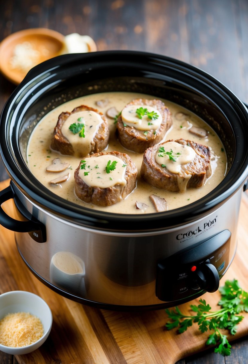 A crock pot filled with creamy mushroom sauce and pork steaks cooking on low heat