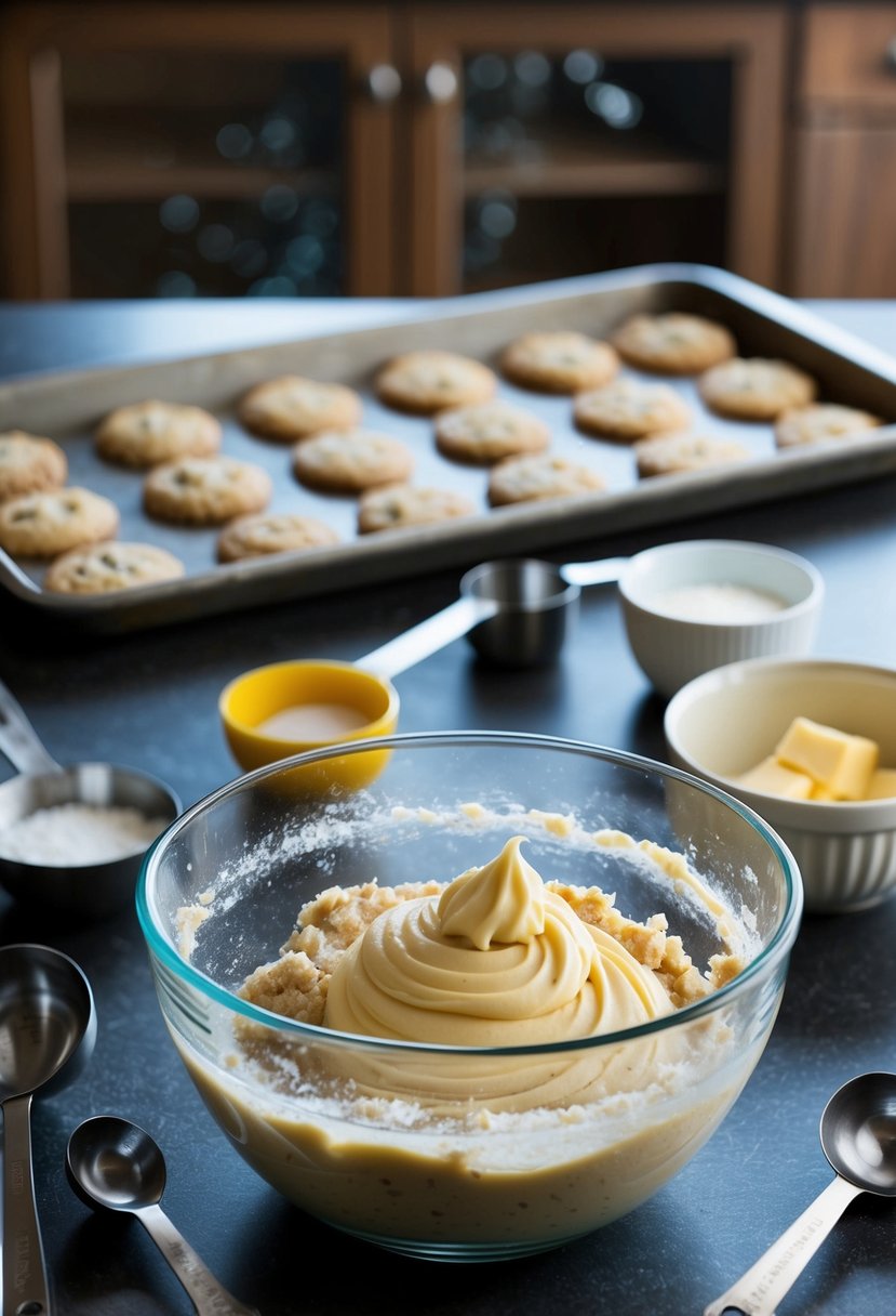 A mixing bowl filled with vanilla pudding sugar cookie dough, surrounded by measuring cups and spoons, with a tray of freshly baked cookies in the background