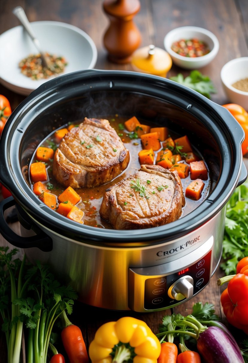 A crock pot with Cajun-style pork steaks cooking surrounded by colorful vegetables and aromatic spices