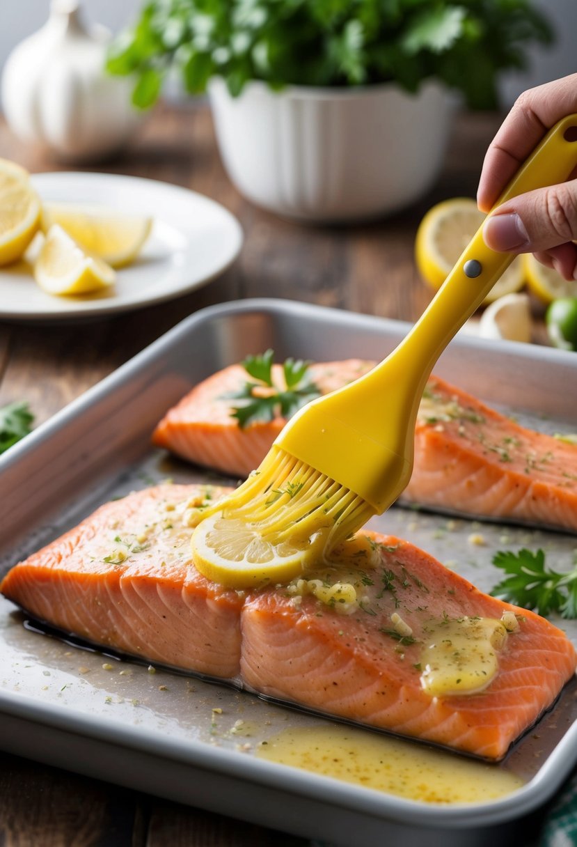 A salmon fillet being brushed with lemon butter and garlic before baking