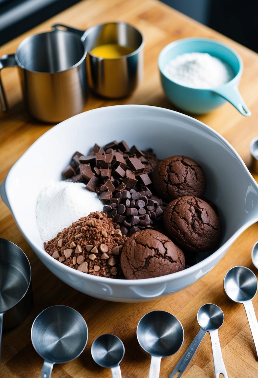 A mixing bowl filled with ingredients for Triple Chocolate Pudding Cookies, surrounded by measuring cups and spoons on a wooden kitchen counter