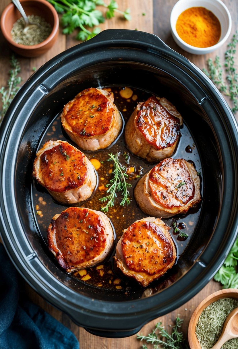 Pork steaks sizzling in a crock pot, glazed with maple syrup and surrounded by aromatic herbs and spices