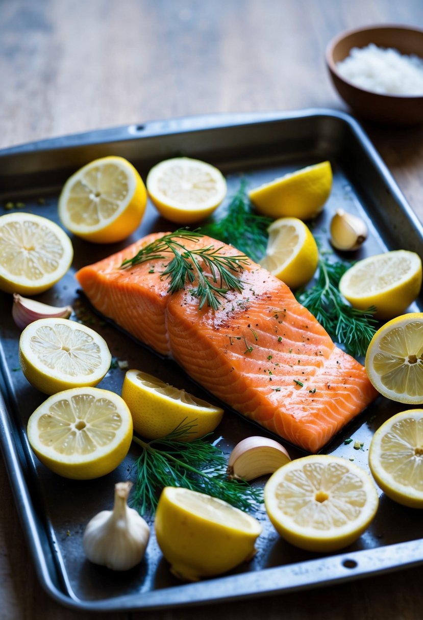 A fresh salmon fillet surrounded by sliced lemons, garlic cloves, and dill sprigs on a baking tray