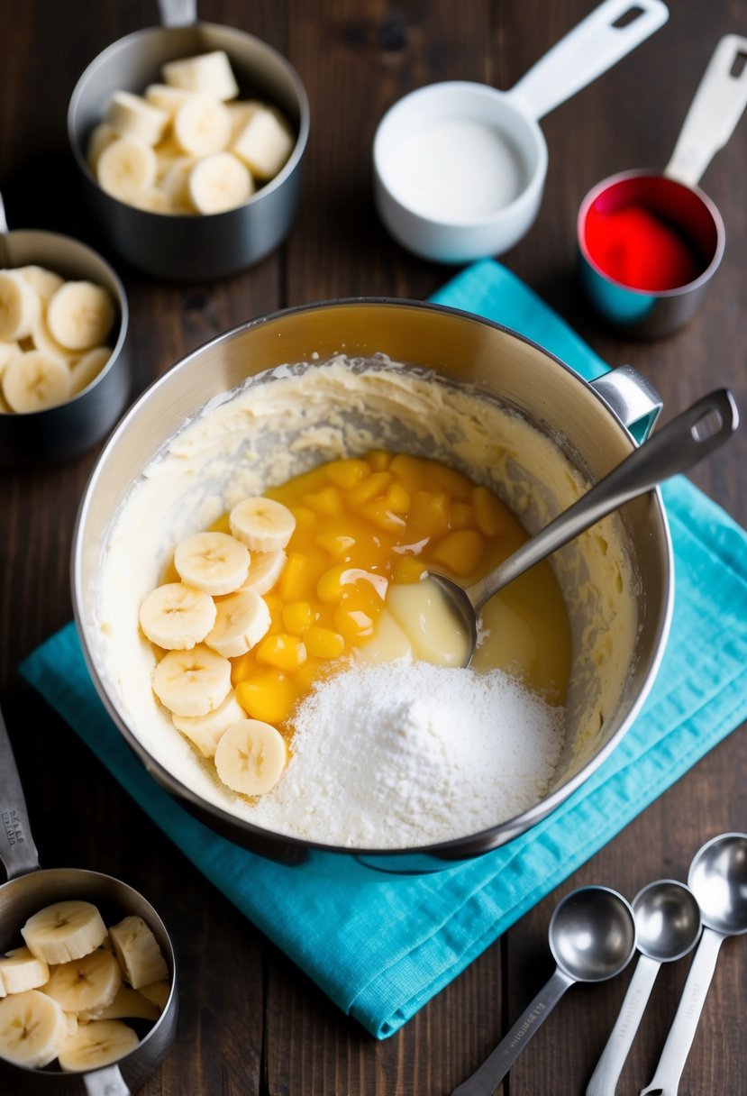 A mixing bowl filled with ingredients for banana cream pudding cookies, surrounded by measuring cups and spoons