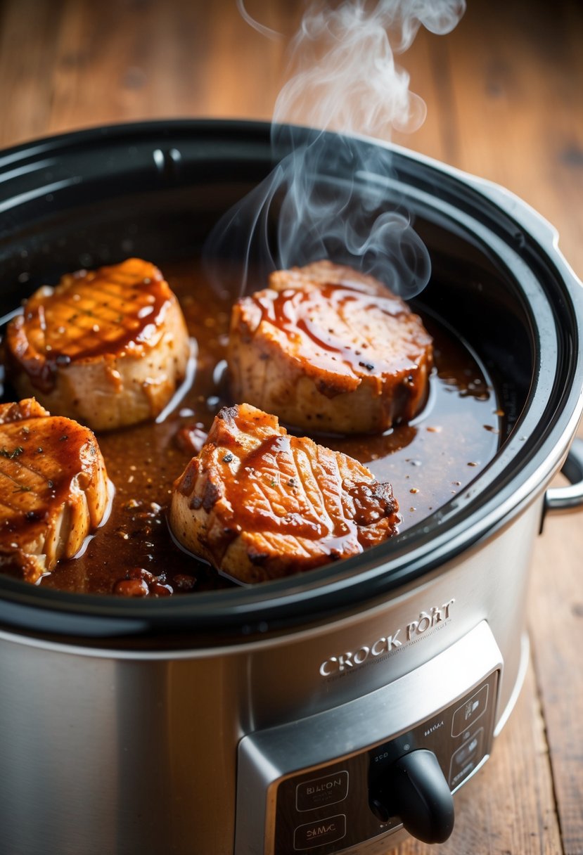 A crock pot filled with tangy balsamic pork steaks simmering in a rich, savory sauce, with steam rising from the tender meat