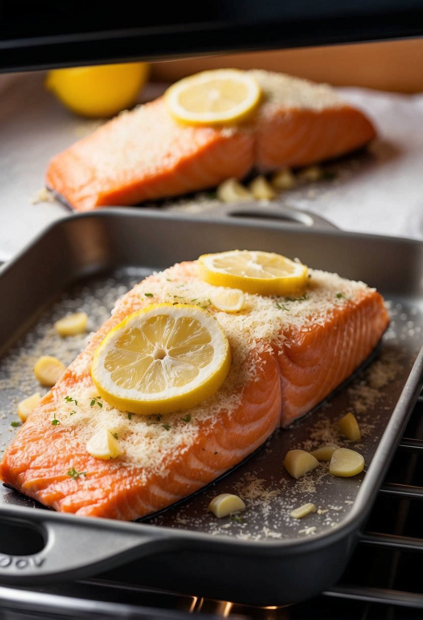 A salmon fillet coated in parmesan, garlic, and lemon, baking in the oven