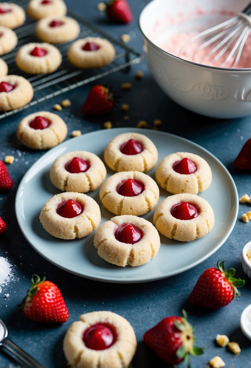 A plate of thumbprint cookies with strawberry pudding filling, surrounded by scattered ingredients and a mixing bowl