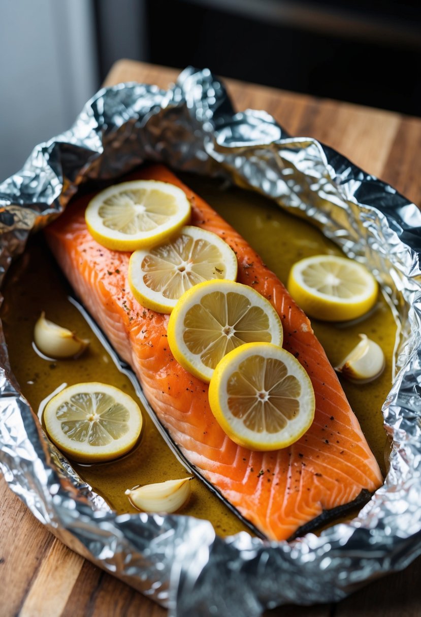 A whole salmon fillet wrapped in foil with lemon slices and garlic cloves, ready to be baked in the oven