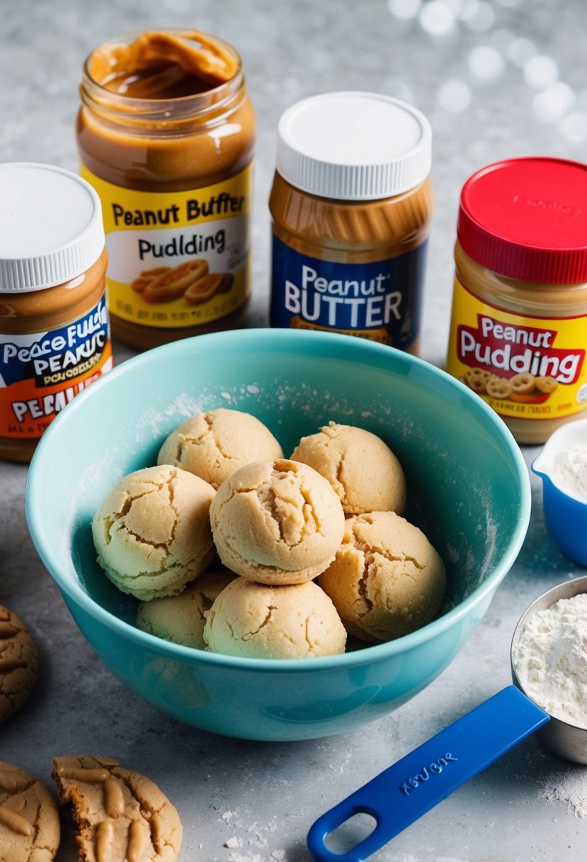 A mixing bowl filled with cookie dough, surrounded by jars of peanut butter and pudding, and a measuring cup of flour