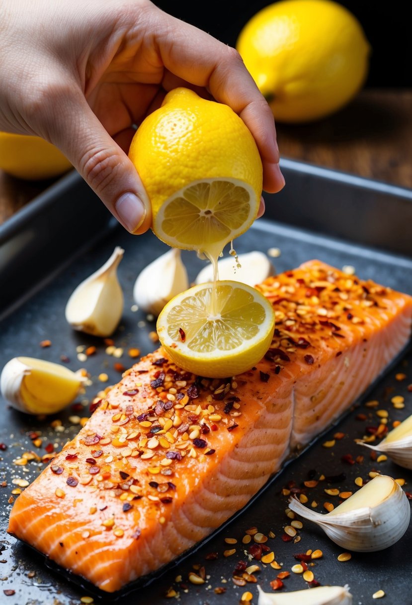 A vibrant yellow lemon being squeezed over a seasoned salmon fillet, surrounded by cloves of garlic and sprinkled with red pepper flakes before being placed in the oven to bake