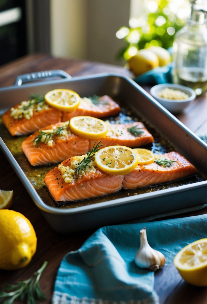 A vibrant lemon and garlic-infused salmon fillet baking in a Mediterranean-inspired kitchen