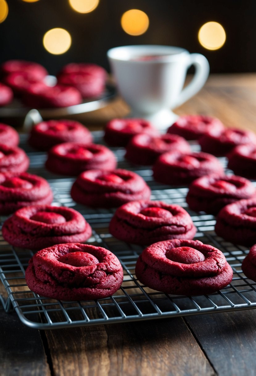 A tray of freshly baked red velvet pudding cookies cooling on a wire rack