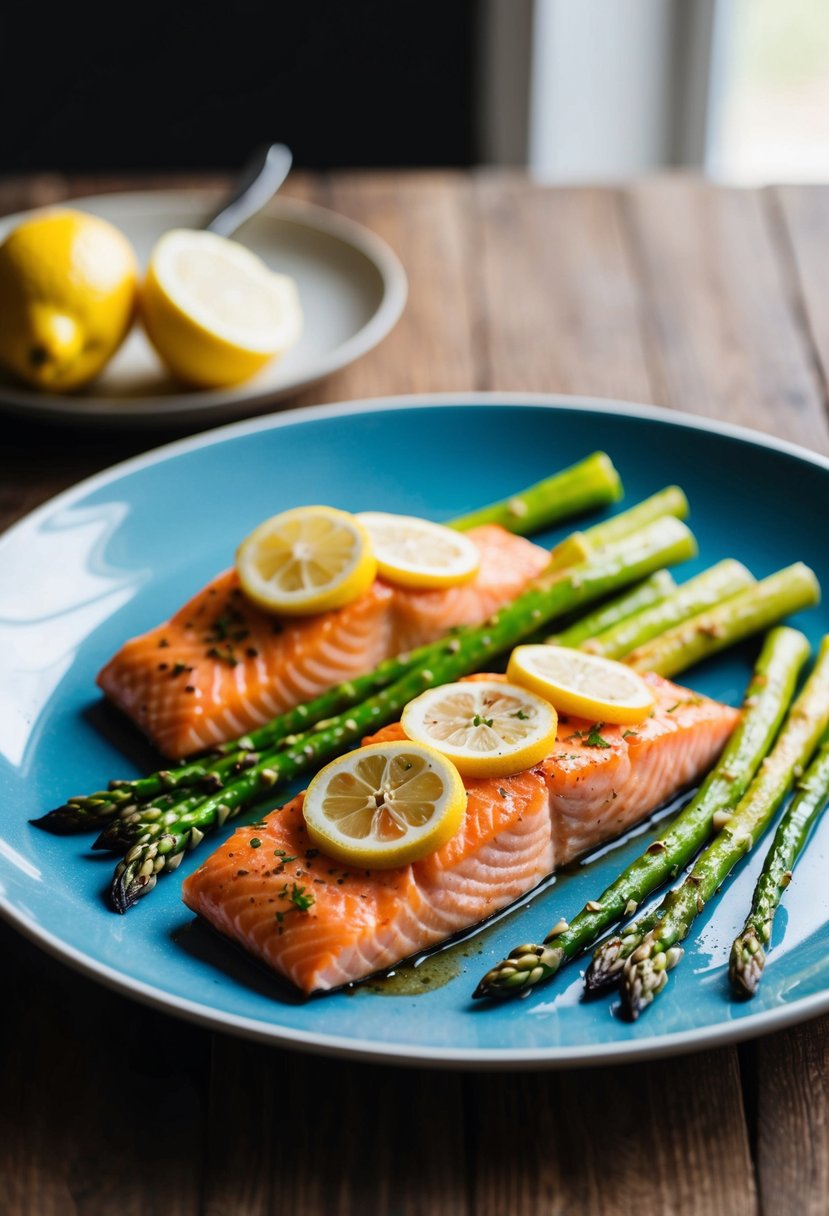 A platter of lemon garlic salmon with asparagus, fresh from the oven