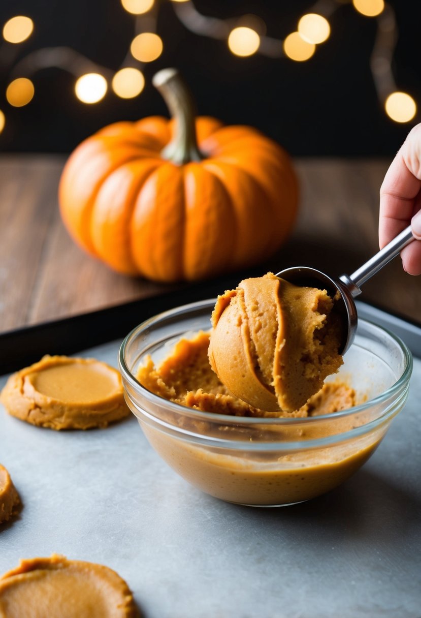 A bowl of pumpkin spice pudding cookie dough being scooped onto a baking sheet