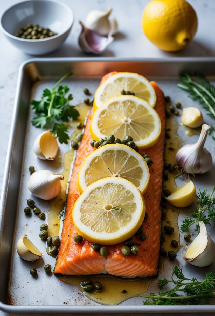 A fillet of salmon topped with lemon slices and capers, surrounded by garlic cloves and fresh herbs on a baking sheet