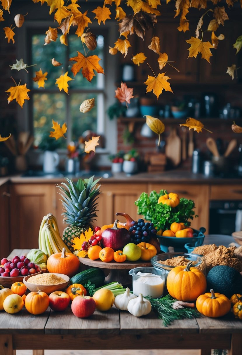 A rustic kitchen table with a colorful array of autumn fruits, vegetables, and baking ingredients, surrounded by falling leaves