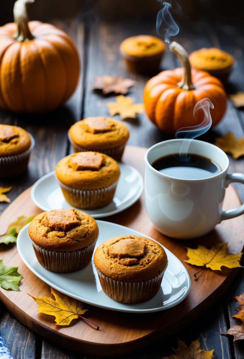 A wooden table set with pumpkin spice muffins, a steaming mug, and fall leaves scattered around