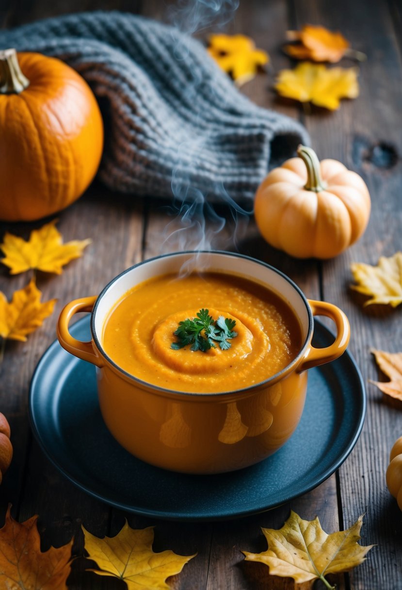 A steaming pot of butternut squash soup sits on a rustic wooden table, surrounded by autumn leaves and a cozy sweater