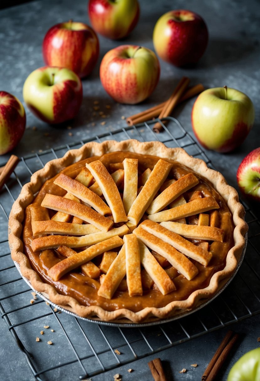 A rustic kitchen counter with a golden-brown caramel apple pie cooling on a wire rack, surrounded by scattered cinnamon sticks and fresh apples