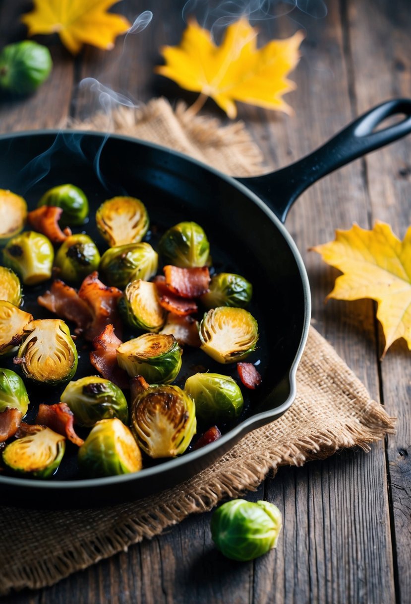 A sizzling skillet of roasted Brussels sprouts and bacon on a rustic wooden table, surrounded by autumn leaves and a hint of steam rising