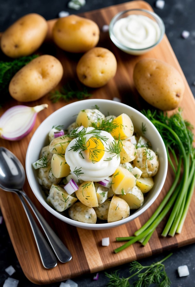 A bowl of potato salad surrounded by ingredients like sour cream, potatoes, dill, and onion on a wooden cutting board