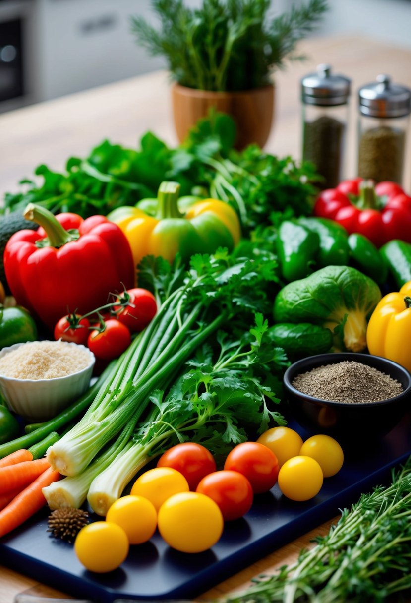 A colorful array of fresh vegetables arranged on a cutting board, with a variety of herbs and seasonings nearby