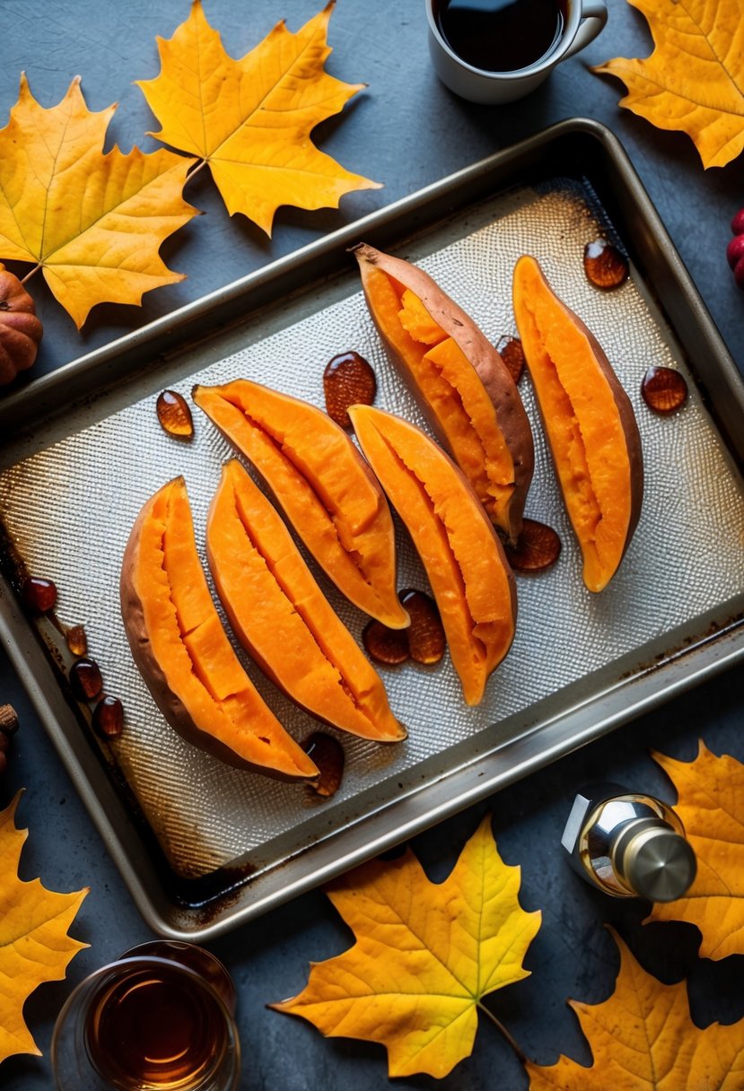 Sweet potatoes and maple syrup on a baking sheet, surrounded by fall leaves