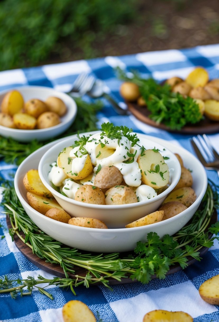 A picnic table set with a bowl of classic sour cream potato salad, surrounded by fresh herbs and a scattering of potato skins