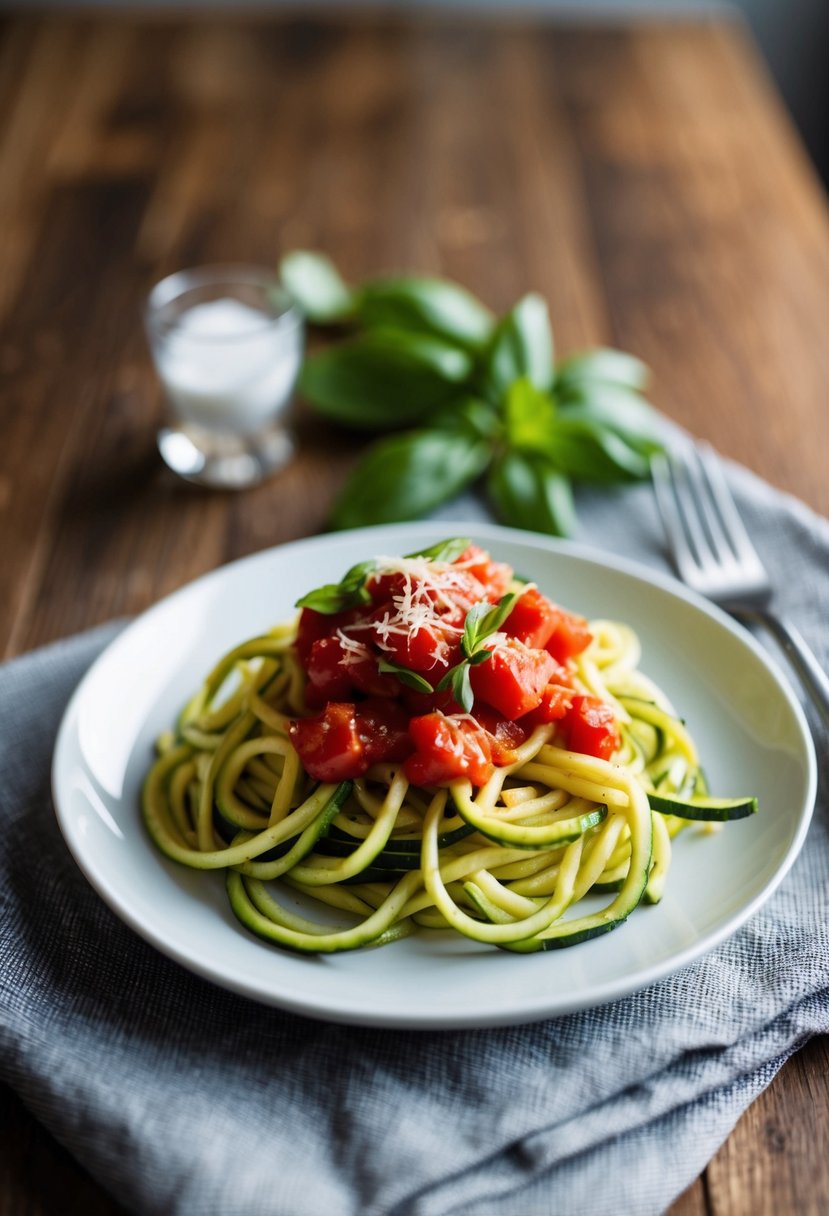 A plate of zucchini noodles topped with tomato basil sauce