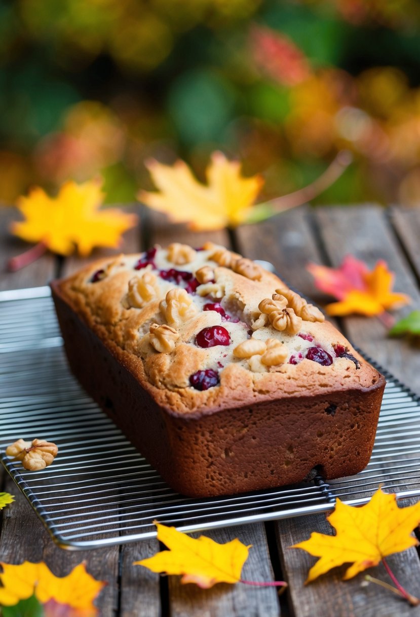 A loaf of cranberry walnut bread cooling on a wire rack, surrounded by autumn foliage and a crisp fall breeze