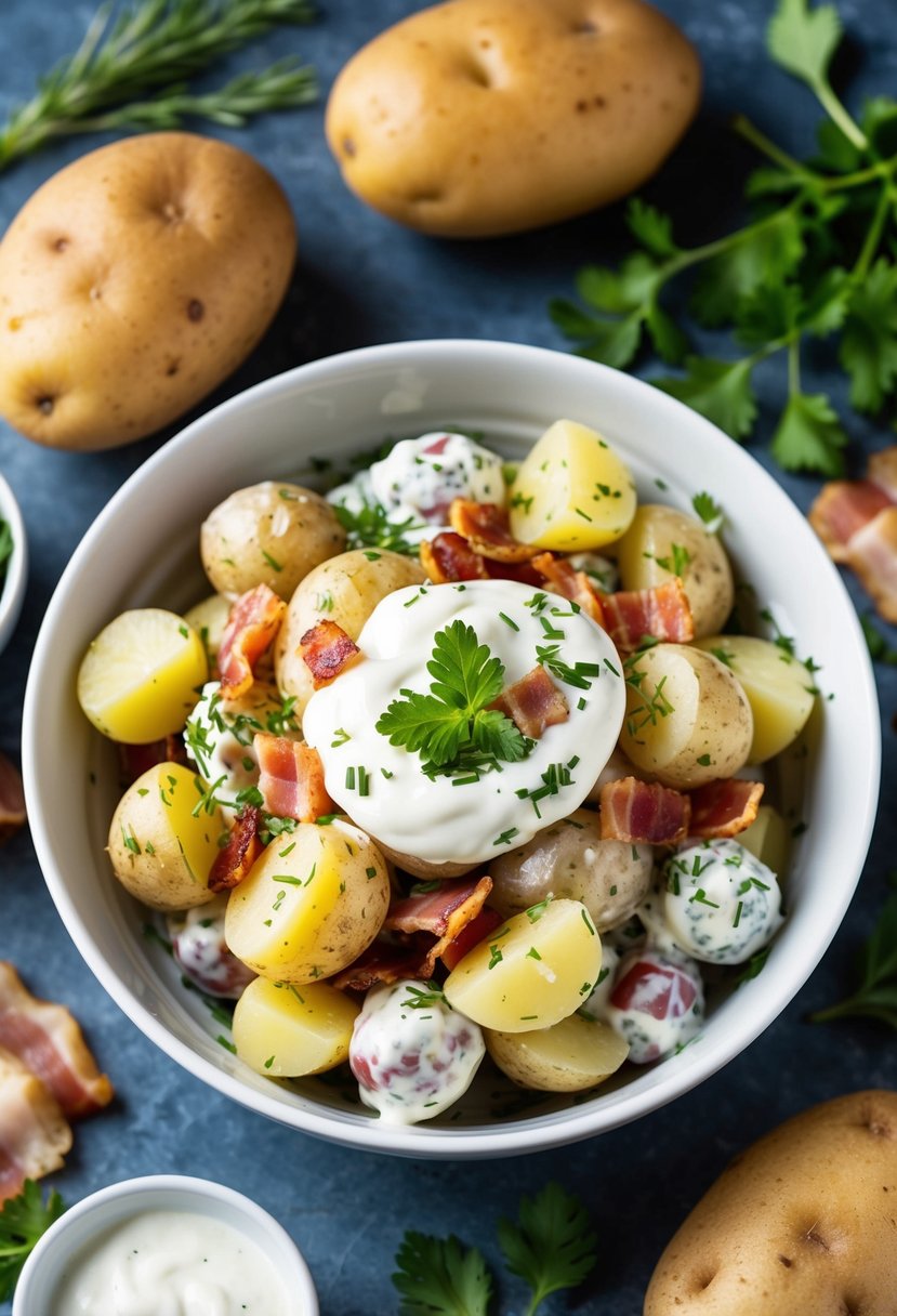 A bowl of potato salad with bacon, ranch, and sour cream, surrounded by fresh ingredients like potatoes, bacon, and herbs