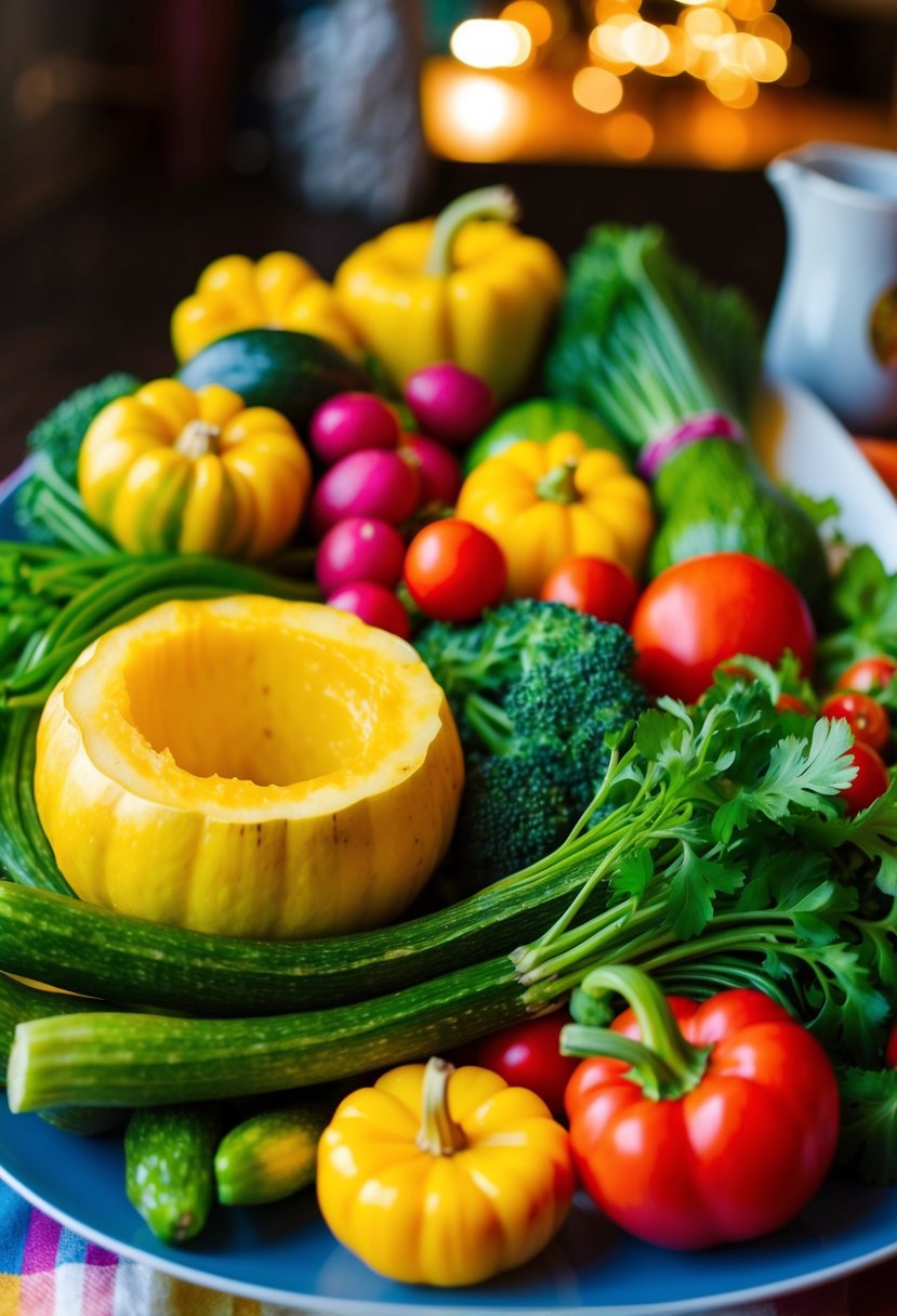 A colorful array of fresh vegetables and spaghetti squash arranged on a plate