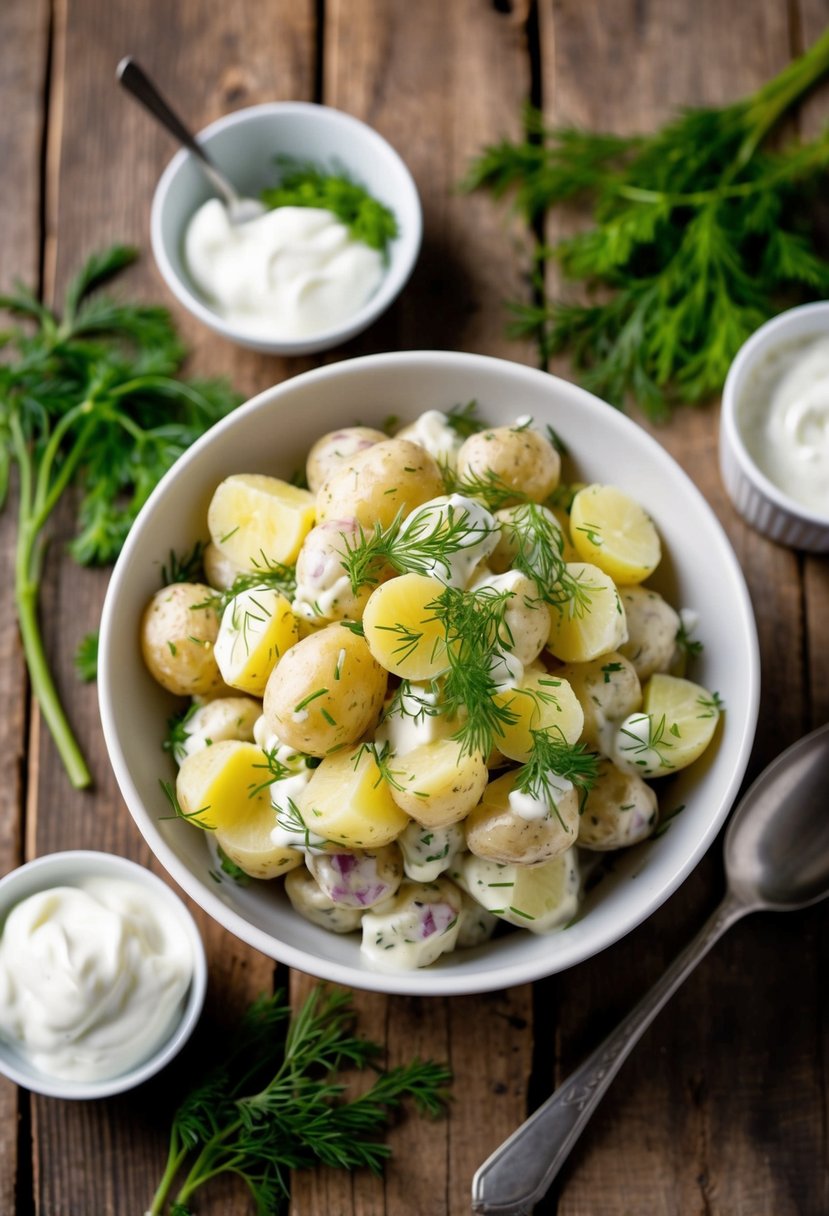 A rustic wooden table with a bowl of creamy potato salad surrounded by fresh dill, sour cream, and other ingredients