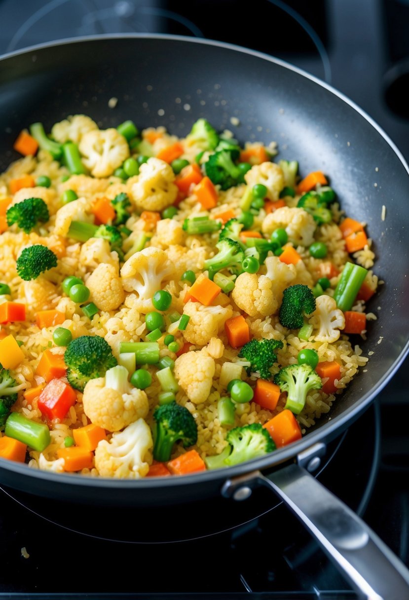 A sizzling pan of cauliflower rice stir-fry with colorful vegetables and lean protein cooking over high heat