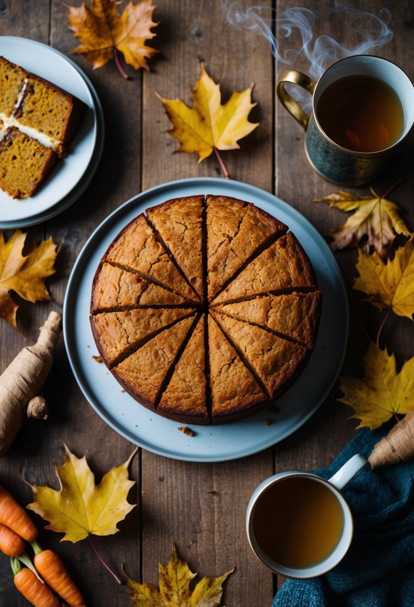 A rustic kitchen table with a freshly baked ginger spiced carrot cake surrounded by autumn leaves and a steaming mug of tea