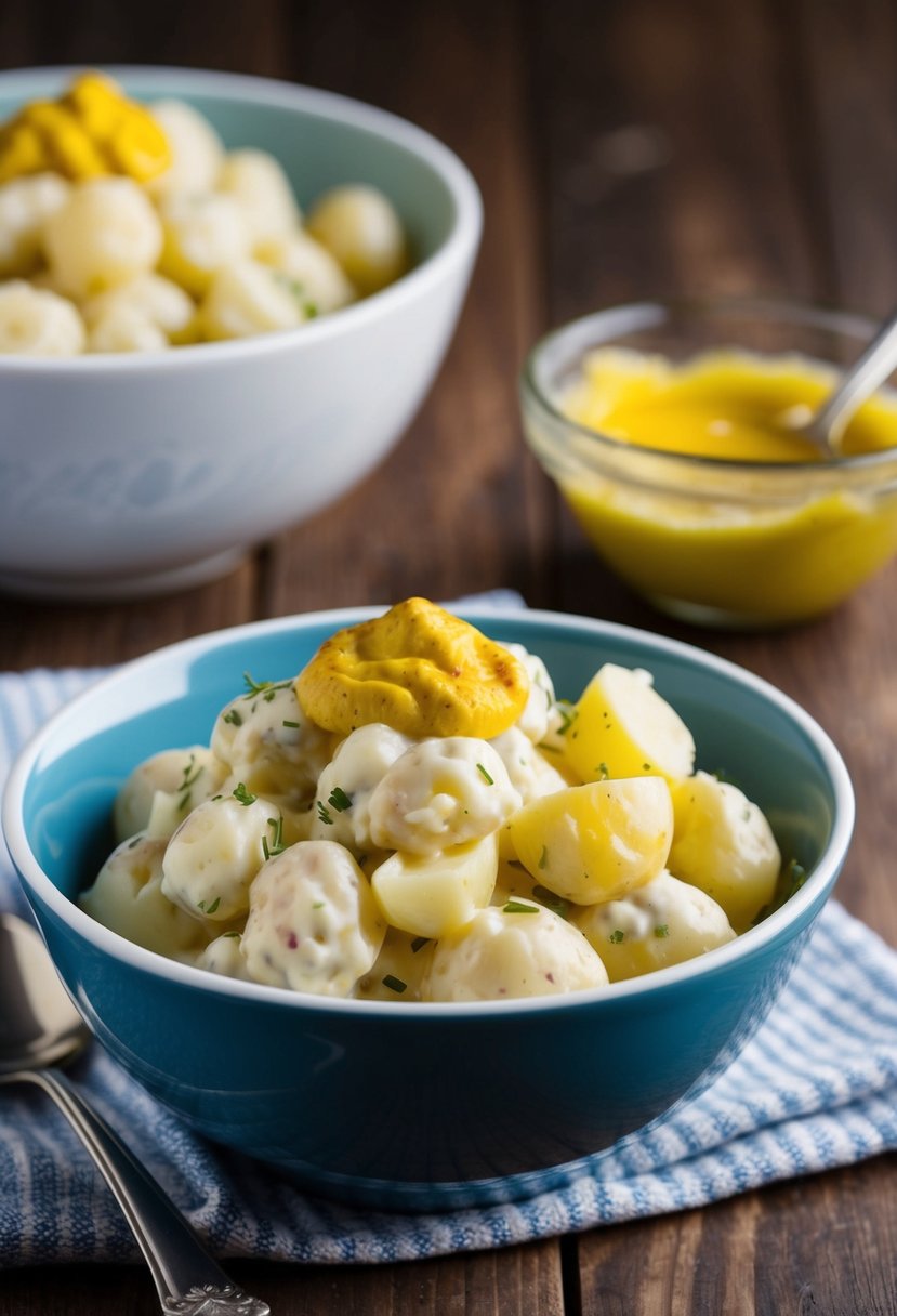 A bowl of creamy potato salad with a dollop of zesty mustard on top