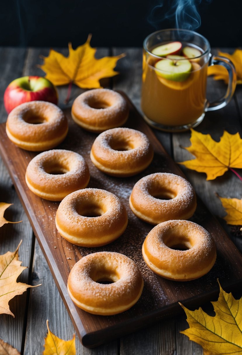 A wooden table covered in freshly baked apple cider donuts, surrounded by autumn leaves and a steaming mug of cider